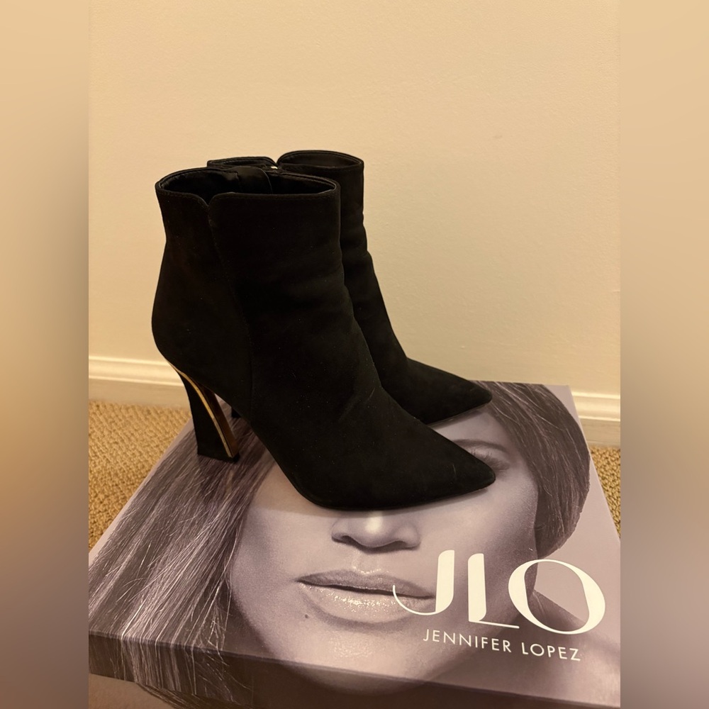 Women's Black Suede Gold Pointed Bootie